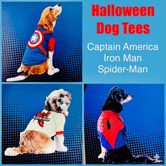 Halloween Marvel Superhero Dog T-Shirts- Captain America, Iron Man & Spiderman - Picture 1 of 4